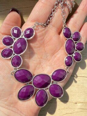 Purple Statement Necklace Silver Tone Faceted Bib Costume Jewelry